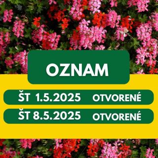 🌿 Otváracie hodiny počas sviatkov 🌿 Naše záhradné centrum bude pre vás otvorené aj počas sviatočných dní – 1.5. a 8.5., od...